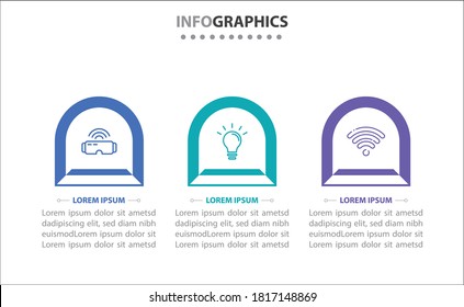 Infografiken der Zeitachse mit 3 Optionen oder 3 Schritten. Vektorvorlage. Kann für Prozessdiagramm, Präsentationen, Workflow-Layout, Banner, Flussdiagramm, Infografik verwendet werden.