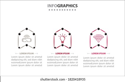 Infografiken der Zeitachse mit 3 Optionen oder 3 Schritten. Vektorvorlage. Kann für Prozessdiagramm, Präsentationen, Workflow-Layout, Banner, Flussdiagramm, Infografik verwendet werden.