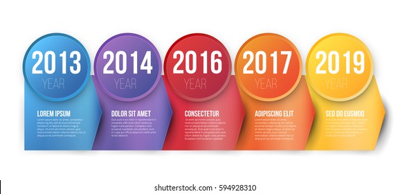 Timeline infographics with 5 arrows steps of years or milestone colored vector template layout for presentation