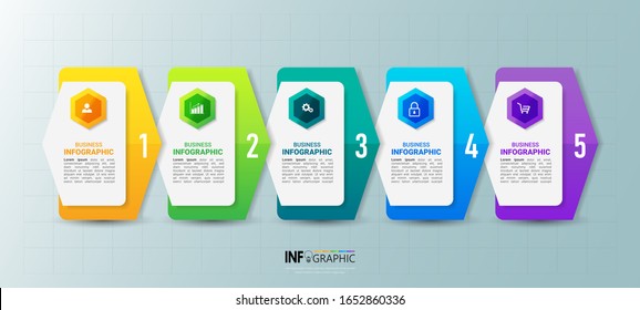 Infografiken der Zeitlinie mit 5 Schritten. Bogenfographisches Konzept. Vektorillustration. 