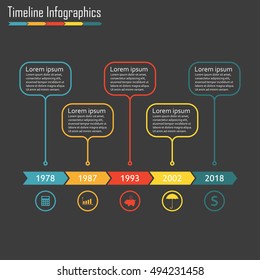Timeline infographics with 5 steps, options, stages or levels. Vector illustration.