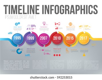 Timeline infographics with 5 steps of years or milestone colored vector template layout for presentation