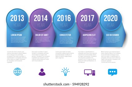 Timeline infographics with 5 steps of years or milestone colored vector template