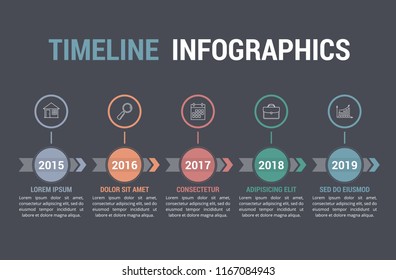 Timeline infographics with arrows with 5 steps, workflow, process, history diagram, retro style, vector eps10 illustration