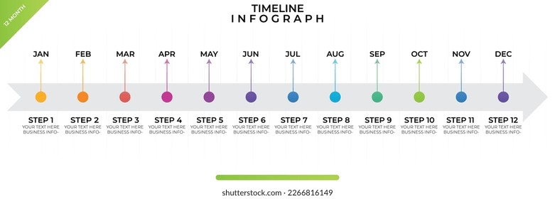 Timeline infographics. Business Infographic template. 12 Months Timeline diagram with 12 steps and calendar icon. Presentation in vector format.