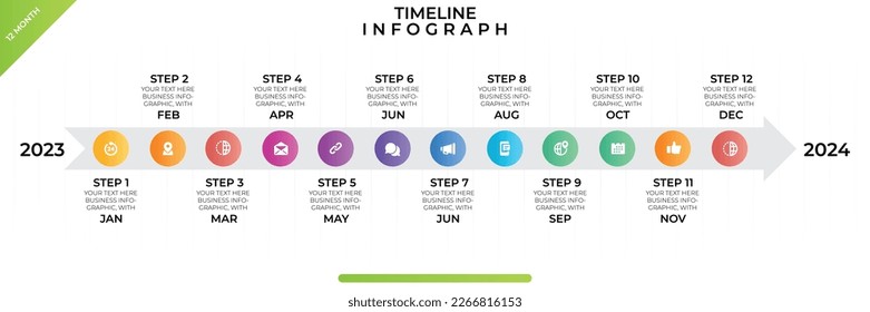 Timeline infographics. Business Infographic template. 12 Months Timeline diagram with 12 steps and calendar icon. Presentation in vector format.