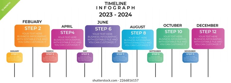 Timeline infographics. Business Infographic template. 12 Months Timeline diagram with 12 steps and calendar icon. Presentation in vector format.