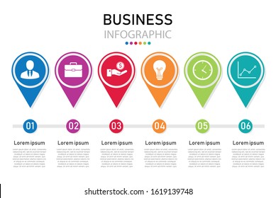 Timeline infographics business point location on white background. business finance concept. vector illustration flat design. icons and 6 options can be used for process, presentation, step diagram.