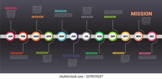 Timeline Infographics Circular design Template, Vector infographics timeline design template with 12 label, 12 months 1 year, Vector can be used for workflow layout, diagram, number step up options.