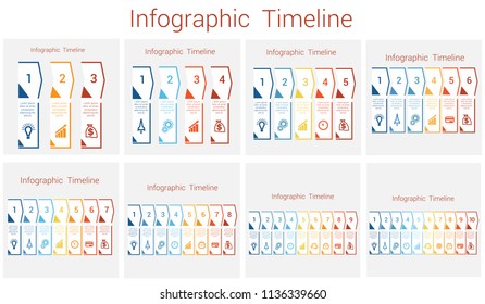 Timeline Infographics colorful arrows from lines. Business Infographics templates with text areas for 3, 4, 5, 6, 7, 8, 9 positions. 