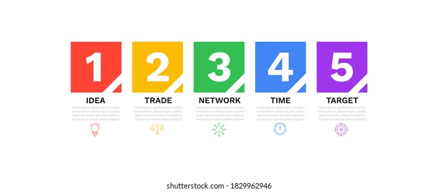 Timeline infographics design with 5 options target. Chart process template. Modern vector for company or corporate business project and presentation. 