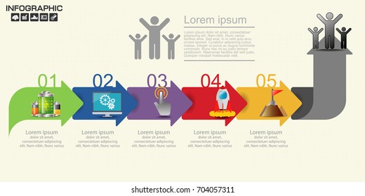 Timeline infographics design with arrow template 5 options, process diagram, vector eps10 illustration. how to success concept.