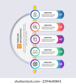 Timeline infographics design can be used for workflow layout, diagram, report, web design. Business concept with 5 options or steps and processes. Gadient color