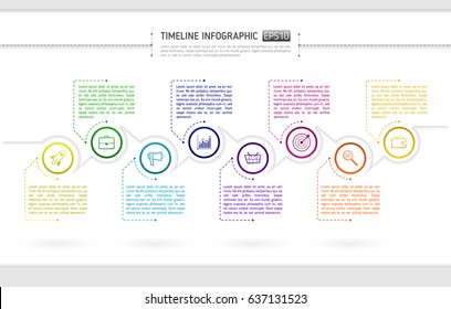Timeline infographics design with circular element, icons and text boxes. Vector illustration eps 10
