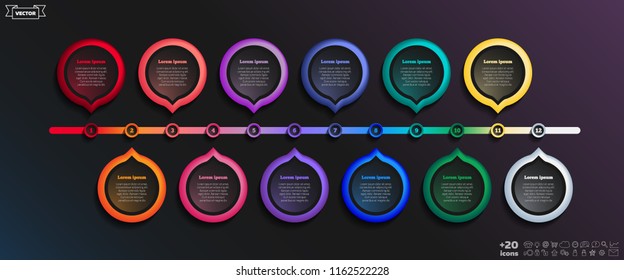 Timeline infographics design with colorful circle. Business concept. 12 options, parts, steps. Can be used for graph, diagram, chart, workflow layout, number options, web. Vector illustration.