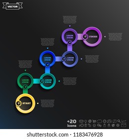 Timeline infographics design with colorful circles. Business concept. 7 options, parts, steps. Can be used for graph, diagram, chart, workflow layout, number options, web. Vector illustration.