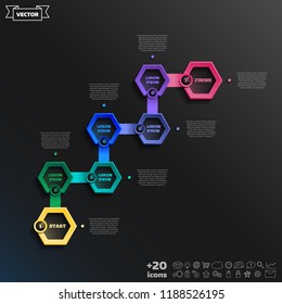 Timeline infographics design with colorful hexagons. Business concept. 7 options, parts, steps. Can be used for graph, diagram, chart, workflow layout, number options, web. Vector illustration.