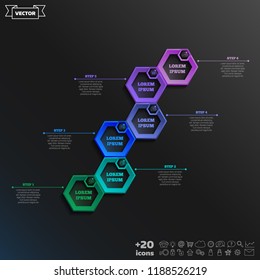 Timeline infographics design with colorful hexagons. Business concept. 6 options, parts, steps. Can be used for graph, diagram, chart, workflow layout, number options, web. Vector illustration.