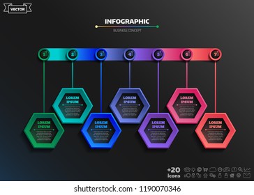 Timeline infographics design with colorful hexagons. Business concept. 7 options, parts, steps. Can be used for graph, diagram, chart, workflow layout, number options, web. Vector illustration.