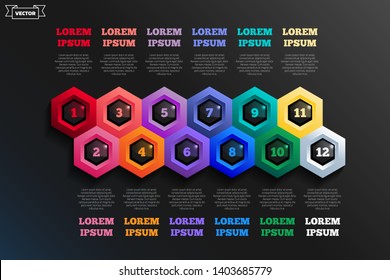 Timeline infographics design with colorful hexagons. Business concept. 12 options, parts, steps. Can be used for graph, diagram, chart, workflow layout, number options, web. Vector illustration.