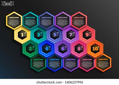 Timeline infographics design with colorful hexagons. Business concept. 10 options, parts, steps. Can be used for graph, diagram, chart, workflow layout, number options, web. Vector illustration.