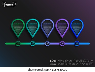 Timeline infographics design with colorful pointer. Business concept. 5 options, parts, steps. Can be used for graph, diagram, chart, workflow layout, number options, web. Vector illustration.
