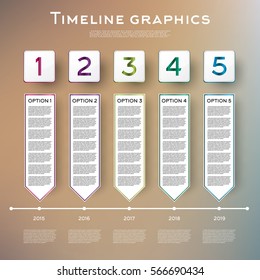 Diseño de infografías de línea de tiempo con cinco opciones. Ilustración vectorial. Concepto de negocio con pasos y procesos.