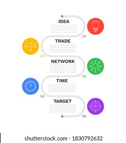 Timeline infographics design with five steps target and icons. Chart process template. Modern vector for company or corporate business project and presentation. 
