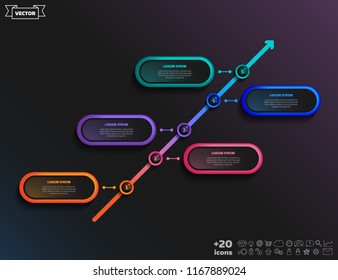Timeline infographics design on the black background. Business concept. 5 options, parts, steps. Can be used for graph, diagram, chart, workflow layout, number options, web. Vector illustration.