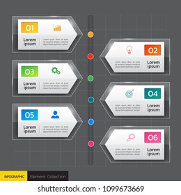 Timeline infographics design template 6 steps.  Can be used for workflow layout, diagram, website, corporate report, advertising, marketing. vector illustration.
