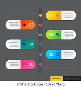 Timeline infographics design template 6 steps.  Can be used for workflow layout, diagram, website, corporate report, advertising, marketing. vector illustration.