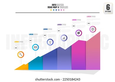 Timeline infographics design template with 6 options, process diagram.