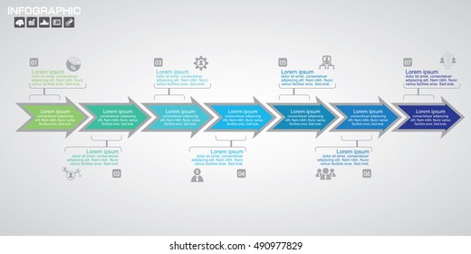 Timeline infographics design template with 7 options, process diagram, vector eps10 illustration