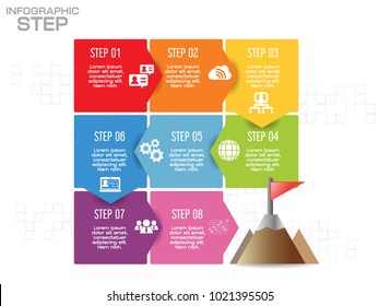 Timeline infographics design template with 8 options, process diagram, vector eps10 illustration, start point.