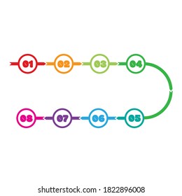 Plantilla de diseño de infografías de línea de tiempo con 8 opciones, diagrama de procesos, ilustración vectorial de stock aislada en fondo blanco.