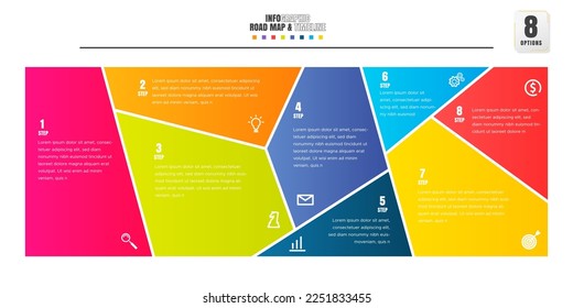 Timeline infographics design template with 8 options, process diagram.