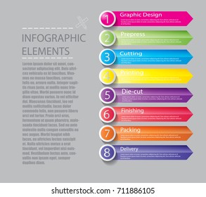 Timeline infographics design template with 8 options, example of a printing packaging flow process diagram, vector eps10 illustration
