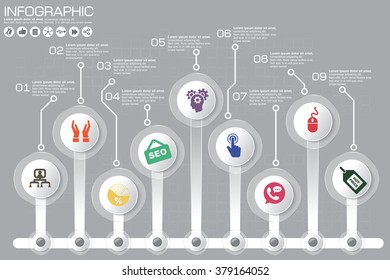 Timeline infographics design template with 9 options, process diagram, vector eps10 illustration