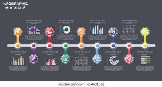 Vorlage für Infografiken in der Zeitachse mit 9 Optionen, Prozessdiagramm, Vektoreps10-Illustration