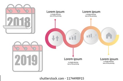 Timeline infographics design template. Can be used for workflow layout, diagram, annual report, web design. Business concept steps or processes, year of 2018 and 2019 on calendar icon Vector eps10