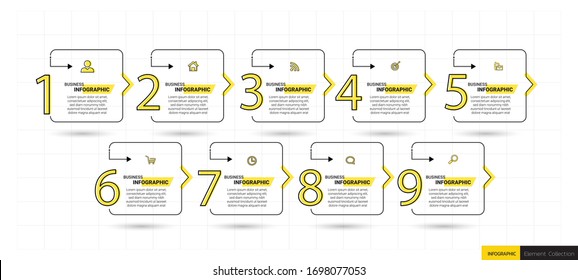 Plantilla de diseño de infografías de línea de tiempo, concepto lineal con 9 pasos.