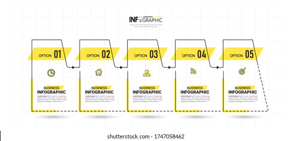 Plantilla de diseño de infografías de línea de tiempo, concepto de línea delgada con 5 pasos.
