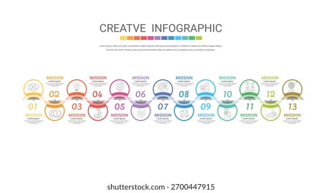 Timeline infographics design vector  13 step, options, can be used for workflow layout, diagram, annual report, web design. Business concept, steps or processes. EPS Vector.