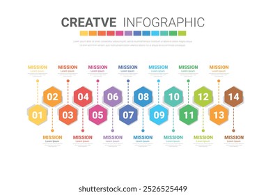 El Vector de diseño de infografías de línea de tiempo se puede utilizar para el diseño del flujo de trabajo, diagrama, informe anual, Diseño web. Concepto de negocio con 14 opciones, pasos o procesos. Ilustración vectorial.