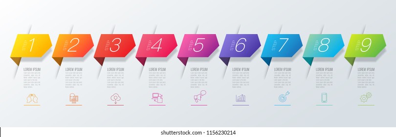 Timeline infographics design vector and marketing icons can be used for workflow layout, diagram, annual report, web design. Business concept with 9 options, steps or processes.
