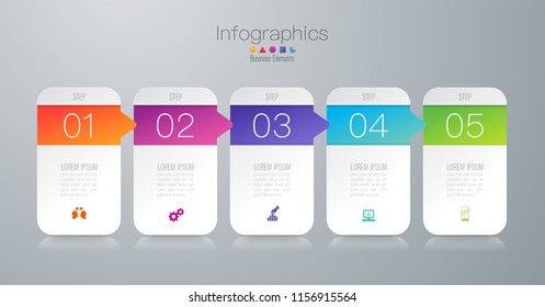 Los iconos de diseño vectorial y de marketing de las infografías de línea de tiempo se pueden utilizar para diseño de flujo de trabajo, diagrama, informe anual, diseño web. Concepto de negocio con 5 opciones, pasos o procesos.