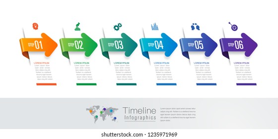Timeline infographics design vector and marketing icons can be used for workflow layout, diagram, annual report, web design. Business concept with 6 options, steps or processes.