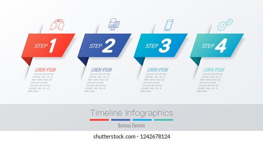 O vetor de design de infográficos da linha do tempo e os ícones de marketing podem ser usados para layout de fluxo de trabalho, diagrama, relatório anual, web design. Conceito de negócio com 4 opções, etapas ou processos.