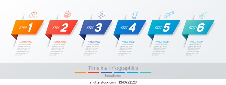 Los iconos de diseño vectorial y de marketing de las infografías de línea de tiempo se pueden utilizar para diseño de flujo de trabajo, diagrama, informe anual, diseño web. Concepto de negocio con 6 opciones, pasos o procesos.