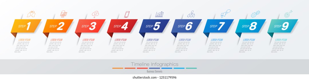 Los iconos de diseño vectorial y de marketing de las infografías de línea de tiempo se pueden utilizar para diseño de flujo de trabajo, diagrama, informe anual, diseño web. Concepto de negocio con 9 opciones, pasos o procesos.
